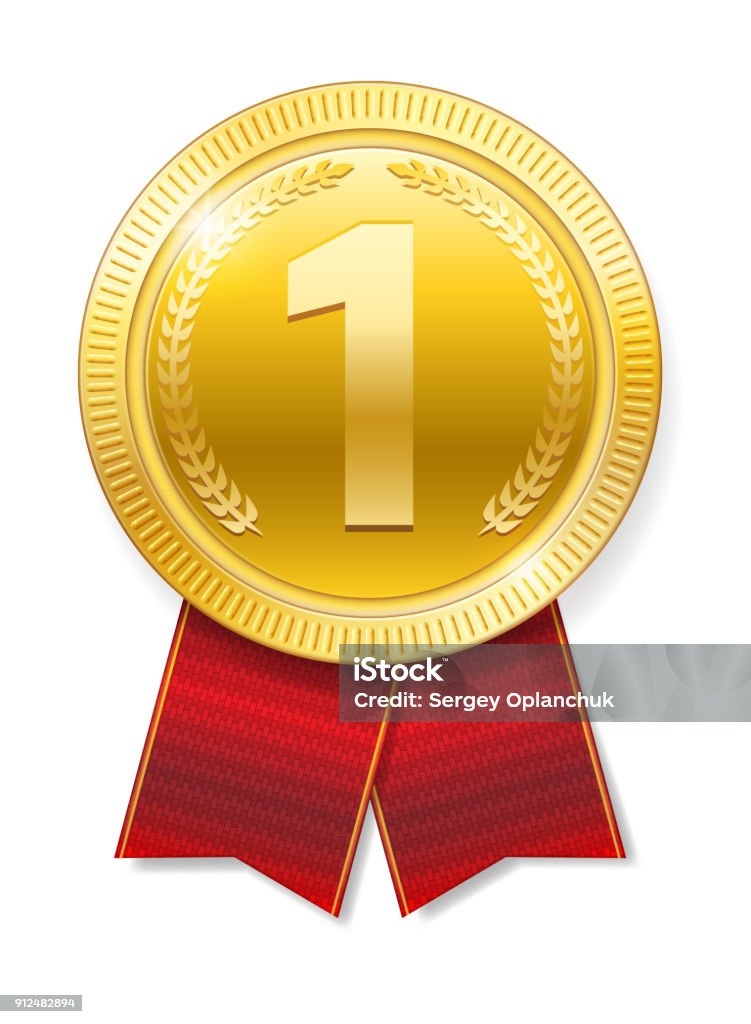 Realistic Gold medal with red ribbons for Winner isolated. Honor prize. Vector illustration Realistic Gold medal with red ribbons for Winner isolated. Honor prize. Vector illustration EPS 10 Number 1 stock vector