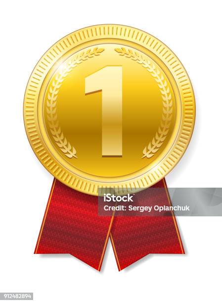 Realistic Gold Medal With Red Ribbons For Winner Isolated Honor Prize Vector Illustration Stock Illustration - Download Image Now