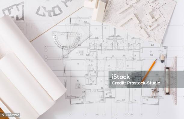 Architectural Project Engineering Tools On Table Stock Photo - Download Image Now - Plan - Document, Architecture, Planning