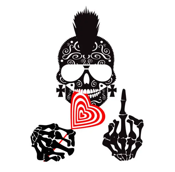 Vector illustration of Punk skull with middle finger, Mohawk and lollipop