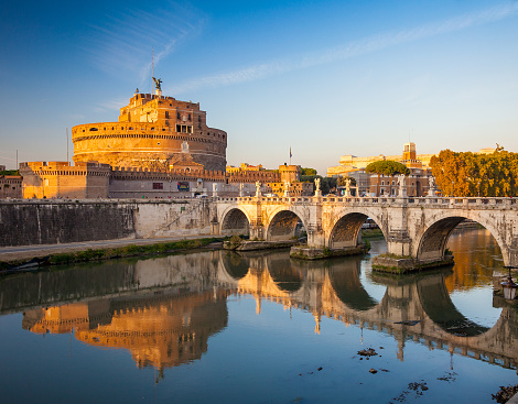 Holy Angel Castle, also known as Hadrian Mausoleum at sunset, Rome, Italy, Europe. Rome ancient tomb of emperor Hadrian. Rome Holy Angel Castle (Castel sant'Angelo) is one fo the best known landmark of Rome and Italy.