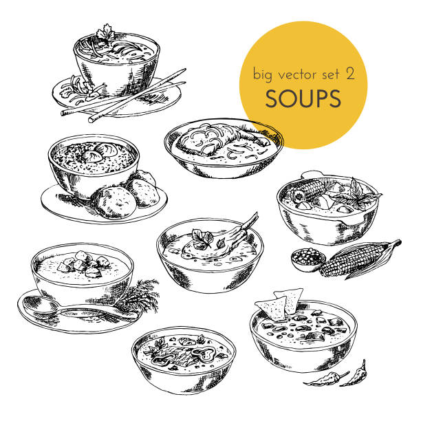 illustrazioni stock, clip art, cartoni animati e icone di tendenza di illustrazione vettoriale disegnata a mano con un set di zuppe di diverse cucine.  piatti di diversi paesi. - soup