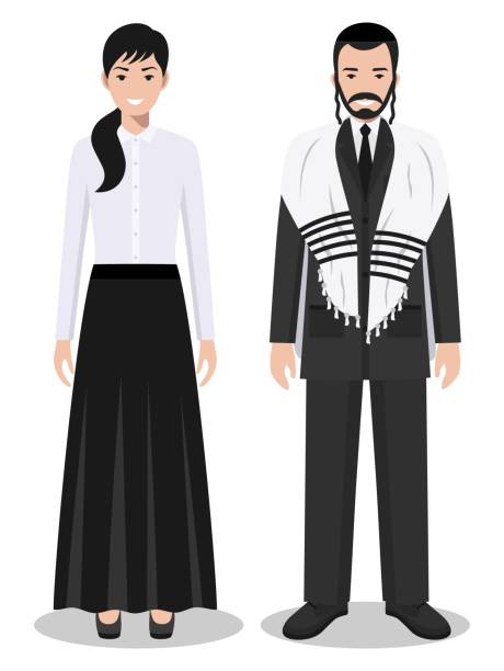 유대인 남자와 여자 플랫 스타일에 흰색 배경에 고립 된 전통적인 의류에서 함께 서 있는의 세트. 국가 드레스의 차이 이스라엘 벡터 일러스트입니다. - judaism jewish ethnicity hasidism rabbi stock illustrations