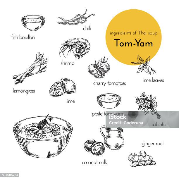 Ilustración de Ilustraciones Vectoriales De Ingredientes Para La Sopa Tailandesa Tomyam Ilustración Dibujado A Mano y más Vectores Libres de Derechos de Dibujo