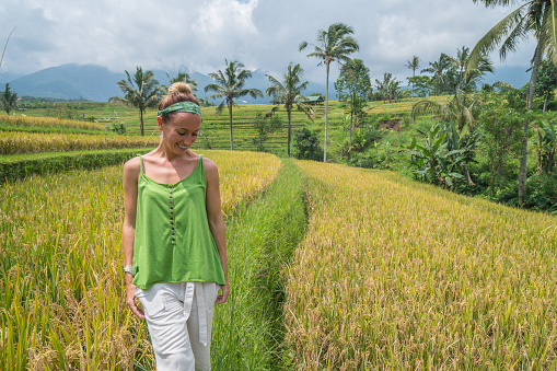 Cheerful girl walking in rice terraces in Bali, beautiful greens ad yellows, reflection on water paddies. People travel joy concept