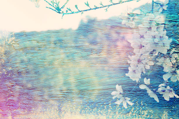 dreamy and abstract image of cherry tree. double exposure effect with watercolor brush stroke texture
