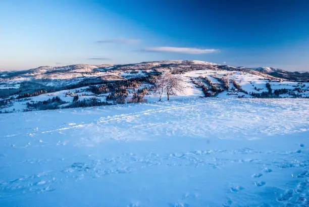 view from Ochodzita hill above Koniakow village in Silesian Beskids mountains in Poland during winter morning with snow and blue sky