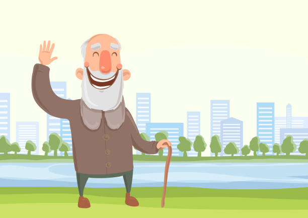 Happy old man with a cane on the morning walk in city park. Active lifestyle and sport activities in old age. Vector illustration. Happy smiling old man with a cane on the morning walk in city park. Active lifestyle and sport activities in old age. Vector illustration. military family stock illustrations