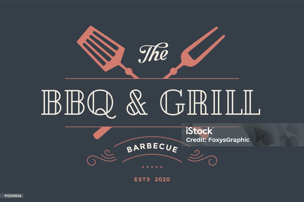 Label template for meat restaurant Label template for meat restaurant with grill fork, text BBQ, Grill, Restaurant, Barbecue. Graphic design for meat business - restaurant, bar, cafe, food court and brand, label. Vector Illustration Barbecue Grill stock vector
