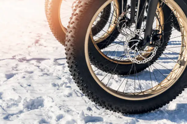 Photo of close up of fatbike tire in the snow