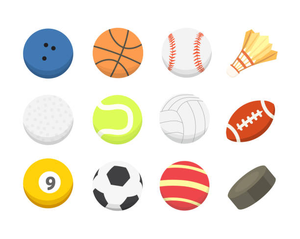ilustraciones, imágenes clip art, dibujos animados e iconos de stock de vector de dibujos animados bola de colores conjunto. deporte de las bolas los iconos aislados - deporte ilustraciones