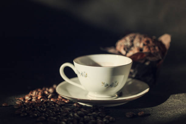 Coffee and chocolate cake on a dark background