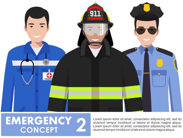 비상 개념입니다. 소방 관, 의사, 흰색 바탕에 플랫 스타일에 함께 서 경찰관의 상세한 그림. 벡터 일러스트입니다. - paramedic fire department emergency sign healthcare and medicine stock illustrations
