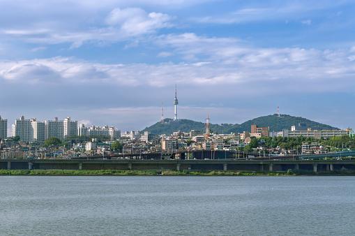Seoul citiscape with Seoul tower view from Han river