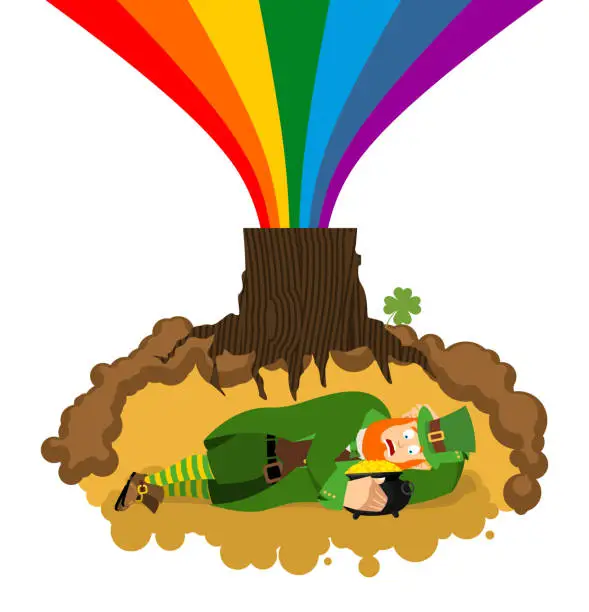 Vector illustration of Leprechaun sleeps hole under ground. Lair of Gnome. dwarf for St.Patricks Day. national irish holiday