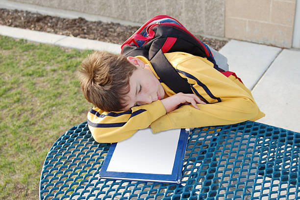 Young boy taking a nap while reading stock photo