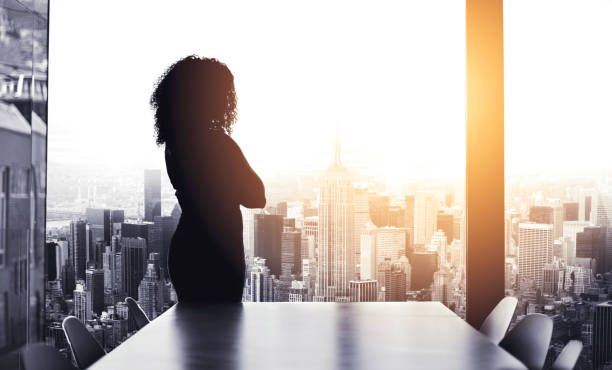 She's got big plans to run the city Silhouetted shot of a young businesswoman looking at a cityscape from an office window looking through window photos stock pictures, royalty-free photos & images