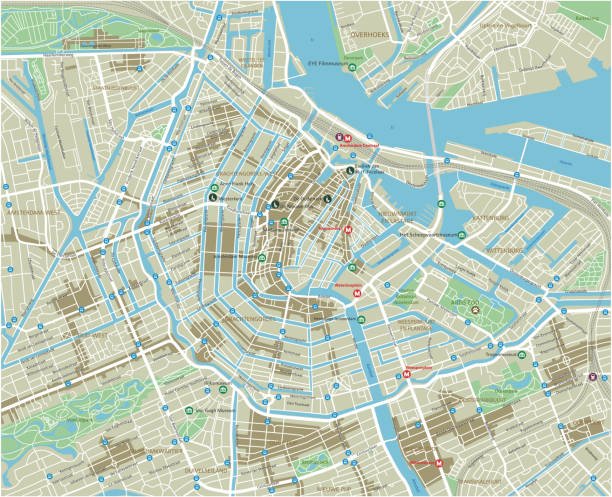 ilustraciones, imágenes clip art, dibujos animados e iconos de stock de vector mapa de la ciudad de amsterdam con capas separadas bien organizadas. - amsterdam