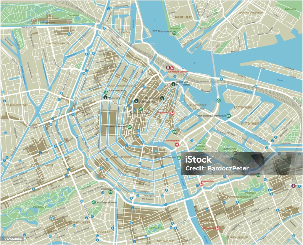 Векторная карта города Амстердама с хорошо организованными разделенными слоями. - Векторная графика Амстердам роялти-фри