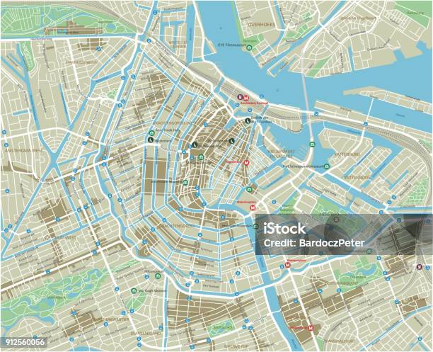 Векторная Карта Города Амстердама С Хорошо Организованными Разделенными Слоями — стоковая векторная графика и другие изображения на тему Амстердам