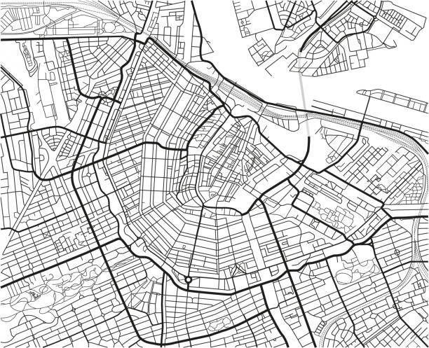schwarz / weiß vektor stadtplan der innenstadt von amsterdam mit gut organisierten getrennten schichten. - amsterdam karte stock-grafiken, -clipart, -cartoons und -symbole