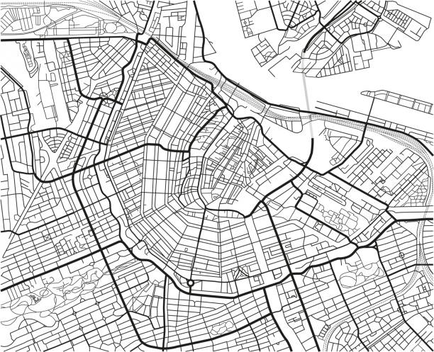 ilustraciones, imágenes clip art, dibujos animados e iconos de stock de blanco y negro vector mapa de la ciudad de amsterdam con capas separadas bien organizadas. - amsterdam