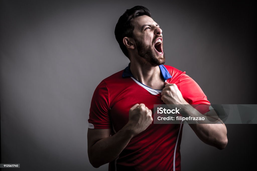 Tifoso / Giocatore sportivo in uniforme rossa che festeggia - Foto stock royalty-free di Calcio - Sport