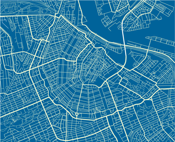 blaue und weiße stadt vektorkarte von amsterdam mit gut organisierten getrennte schichten. - amsterdam stock-grafiken, -clipart, -cartoons und -symbole