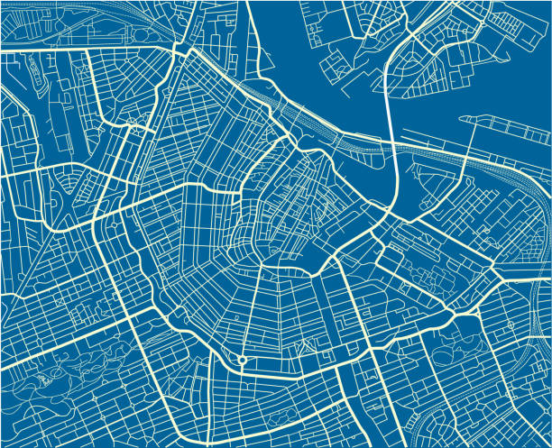 illustrazioni stock, clip art, cartoni animati e icone di tendenza di mappa della città vettoriale blu e bianca di amsterdam con strati separati ben organizzati. - amsterdam