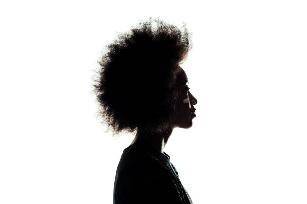 silueta de mujer afroamericana con peinado afro, aislado en blanco - woman silhouette fotografías e imágenes de stock