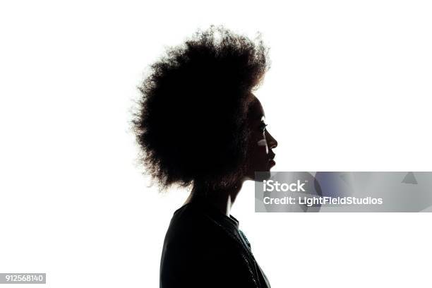 Silhouette Of African American Woman With Afro Hairstyle Isolated On White Stock Photo - Download Image Now