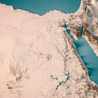 3D Render of a Topographic Map of Egypt, Northern Africa.\nAll source data is in the public domain.\nRelief texture and Rivers: SRTM data courtesy of USGS. URL of source image: \nhttps://e4ftl01.cr.usgs.gov//MODV6_Dal_D/SRTM/SRTMGL1.003/2000.02.11/\nWater texture: SRTM Water Body SWDB:\nhttps://dds.cr.usgs.gov/srtm/version2_1/SWBD/