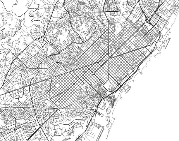흑인과 백인 벡터 도시 지도 바르셀로나의 조직적인된 분리 된 레이어. - barcelona stock illustrations