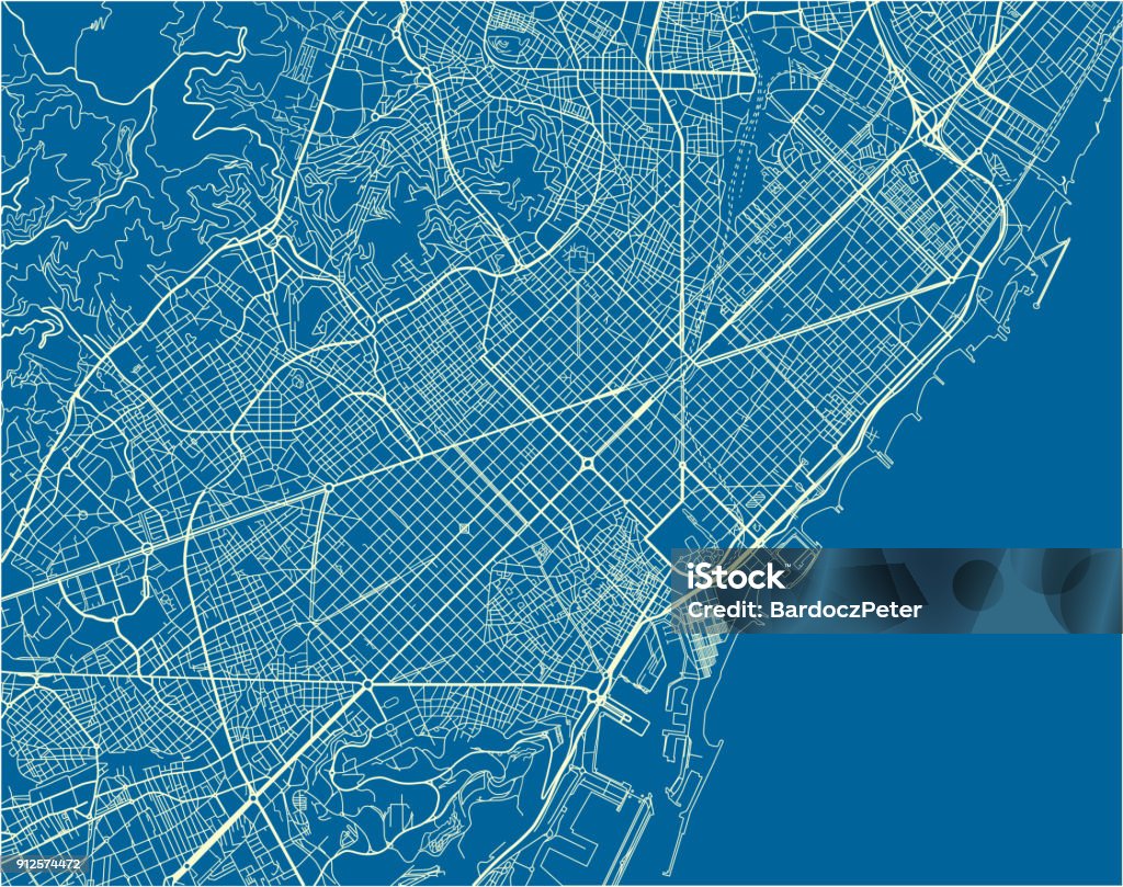 Blaue und weiße Stadt Vektorkarte von Barcelona mit gut organisierten getrennte Schichten. - Lizenzfrei Barcelona - Spanien Vektorgrafik