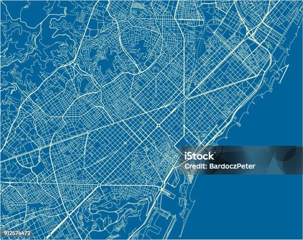 Blaue Und Weiße Stadt Vektorkarte Von Barcelona Mit Gut Organisierten Getrennte Schichten Stock Vektor Art und mehr Bilder von Barcelona - Spanien