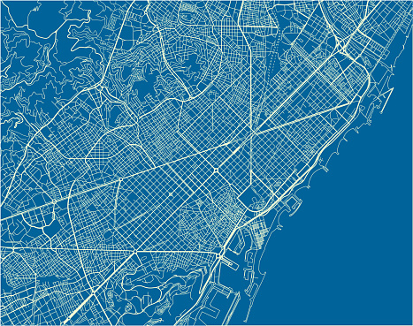 Blue and White vector city map of Barcelona with well organized separated layers.