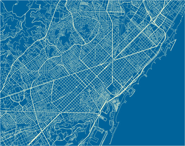 巴賽隆納的藍色和白色向量城市地圖與有組織的分開的層數。 - barcelona 幅插畫檔、美工圖案、卡通及圖標