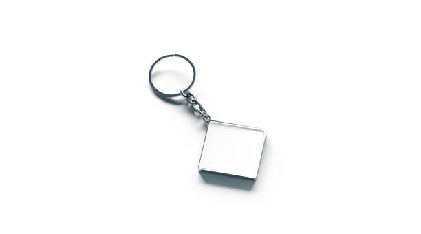 istock Blank metal rhombus white key chain mock up side view 912574548