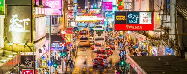 Photo of Hong Kong nightlife crowded city streets neon lights panorama China