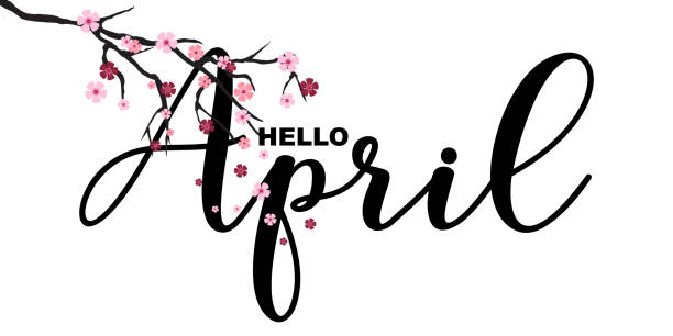 ilustraciones, imágenes clip art, dibujos animados e iconos de stock de hola abril, primavera relacionadas con cita motivacional, aislado sobre fondo blanco, ilustración vectorial. manuscrito cartas, rama japonesa sakura, lindos florecillas caer. - april