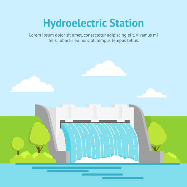 ilustrações, clipart, desenhos animados e ícones de desenhos animados hidrelétrica num cartaz de cartão de plano de fundo de paisagem. vector - hydroelectric power
