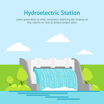 Cartoon Hydroelectric Station River on a Landscape Background Card Poster Alternative Eco Renewable Resource. Vector illustration