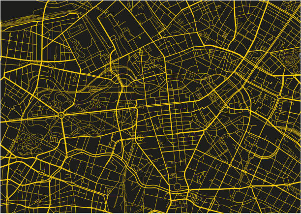 illustrazioni stock, clip art, cartoni animati e icone di tendenza di mappa della città vettoriale nera e gialla di berlino con strati separati ben organizzati. - central berlin