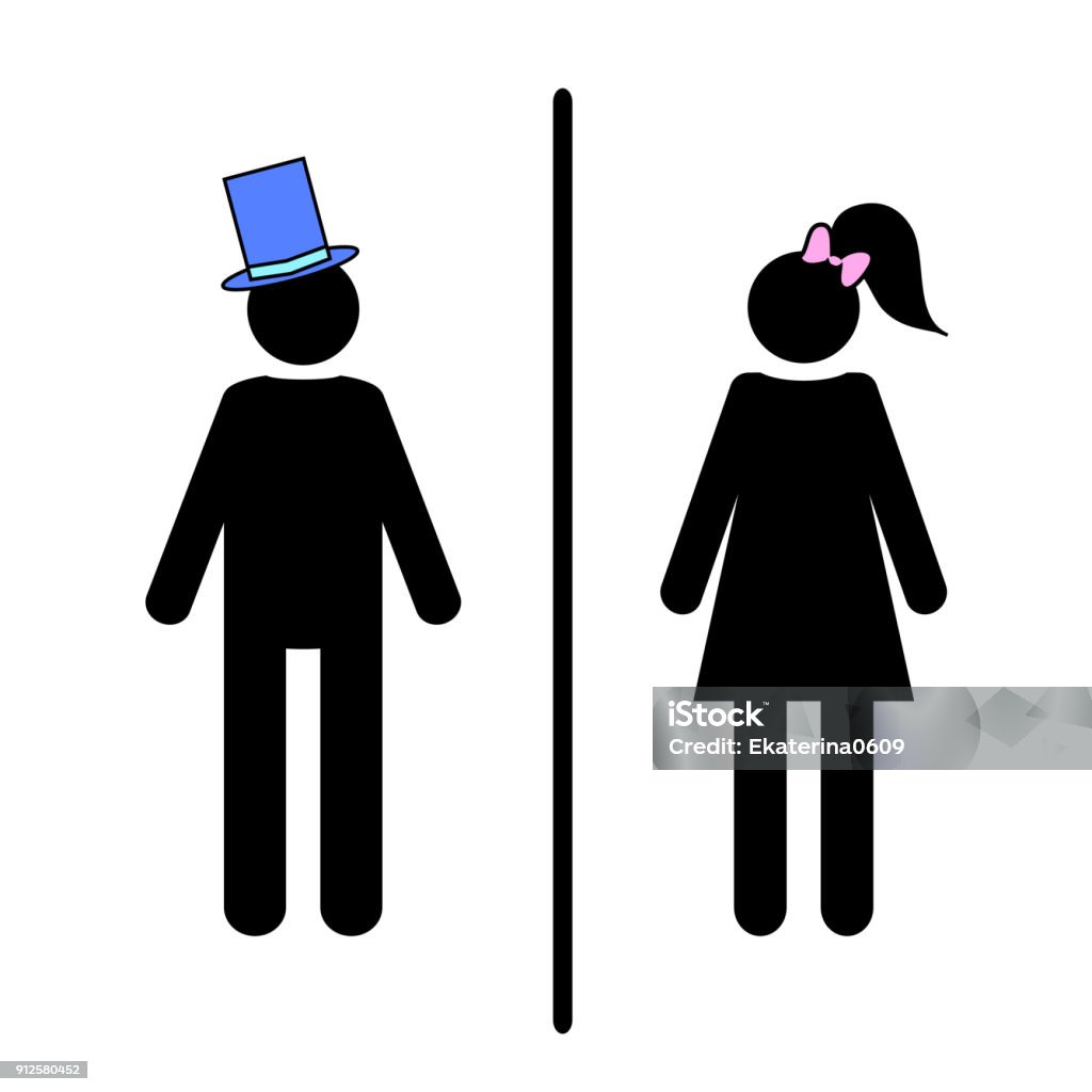 Flat vector: icon of a man and a woman on a white background. Isolated toilet sign. Black figures. A gentleman in a blue hat, a lady with a pink bow and a tail on her head. Flat vector: icon of a man and a woman on a white background. Isolated toilet sign. Black figures. A simple geometric contour. A gentleman in a blue hat, a lady with a pink bow and a tail on her head. Adult stock vector