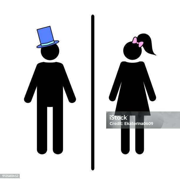 Flat Vector Icon Of A Man And A Woman On A White Background Isolated Toilet Sign Black Figures A Gentleman In A Blue Hat A Lady With A Pink Bow And A Tail On Her Head Stock Illustration - Download Image Now
