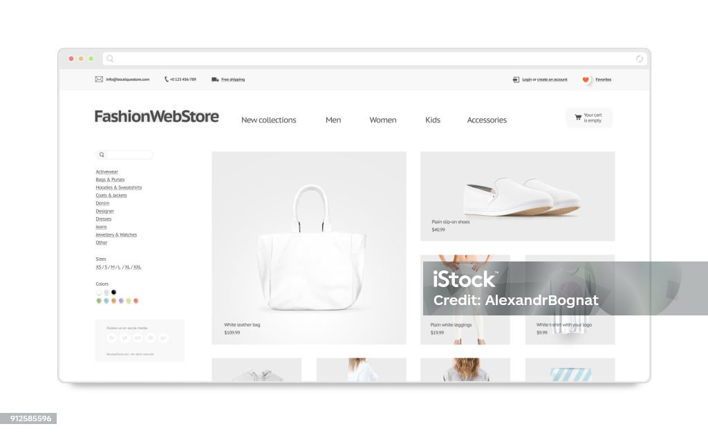 Fashion webstore site template mock up isolated Fashion webstore site template mock up isolated, 3d illustration. Clothing web page interface mockup. Internet website template. Web store screen layout for computer display. Web Page Stock Photo