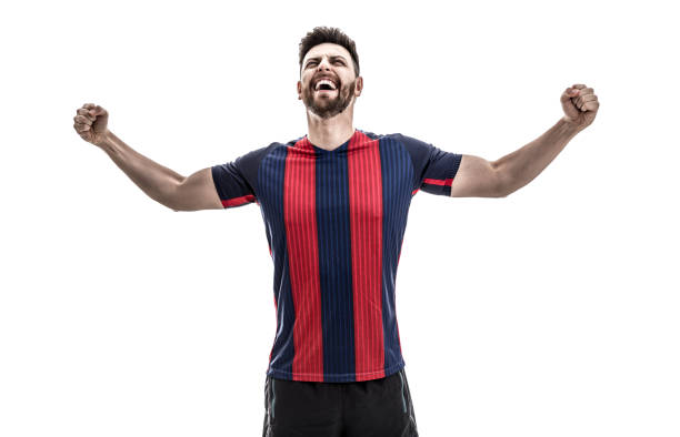 istock Fan / Sport Player on blue and red uniform celebrating on white background 912585632