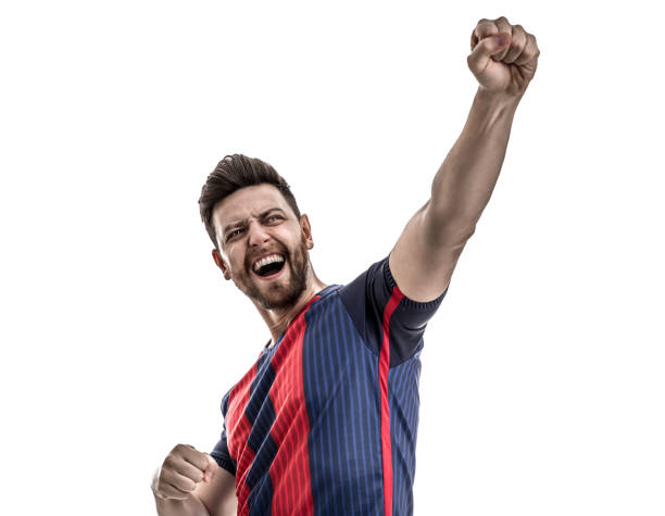 istock Fan / Sport Player on blue and red uniform celebrating on white background 912585648