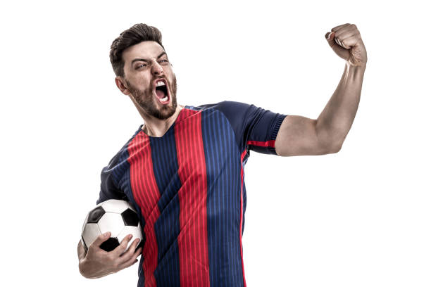 istock Fan / Sport Player on blue and red uniform celebrating on white background 912585650