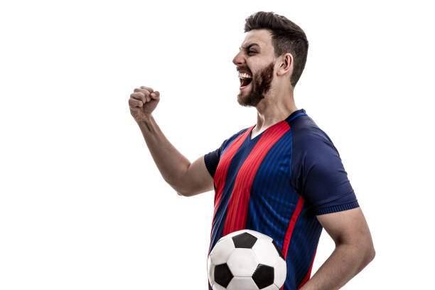 istock Fan / Sport Player on blue and red uniform celebrating on white background 912585654